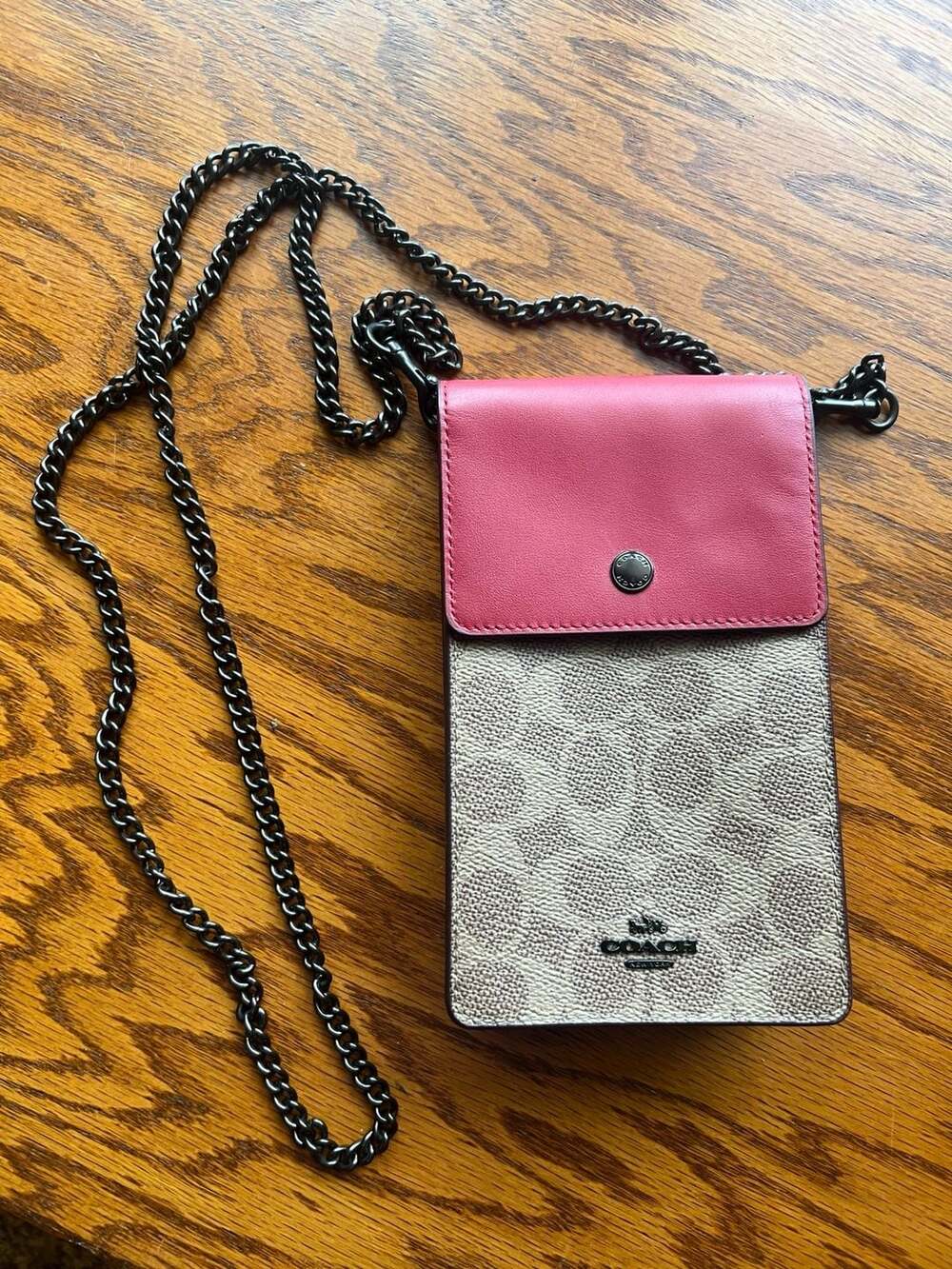 Coach Snap Phone Crossbody in Signature Canvas and Leather Red Brown